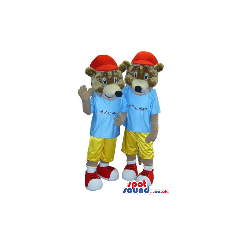 Two Bear Mascots Wearing Red Caps, T-Shirts With Logo - Custom