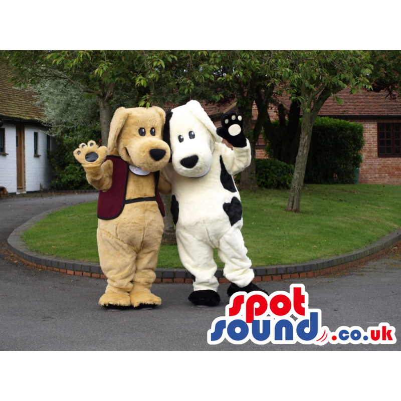 Two Dog Animal Mascots In Brown And White With Black Spots -