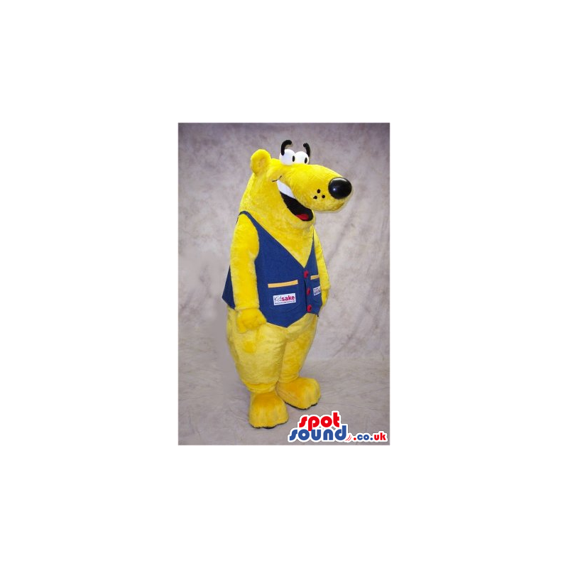 Funny Yellow Bear Mascot Wearing A Blue Vest With Logos -