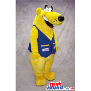 Funny Yellow Bear Mascot Wearing A Blue Vest With Logos -