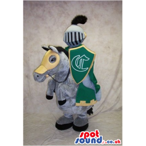 Human Medieval Soldier Walker Mascot On A Grey Horse - Custom