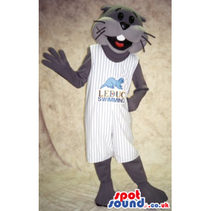 Grey Otter Animal Mascot Wearing White Clothes With Logo -