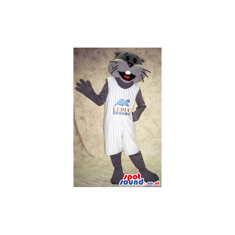 Grey Otter Animal Mascot Wearing White Clothes With Logo -