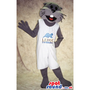 Grey Otter Animal Mascot Wearing White Clothes With Logo -