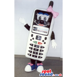 White And Black Cell Phone Mascot With Pink Ribbons - Custom
