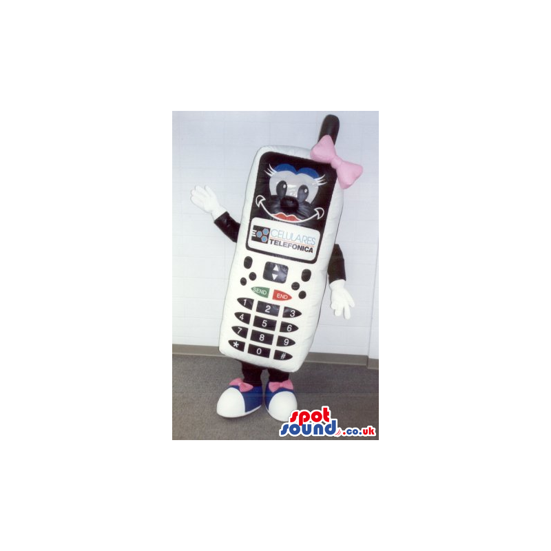 White And Black Cell Phone Mascot With Pink Ribbons - Custom