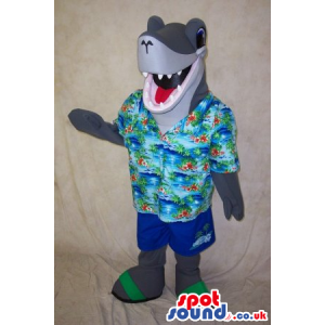 Funny Grey Shark Animal Mascot Wearing Summer Clothes - Custom