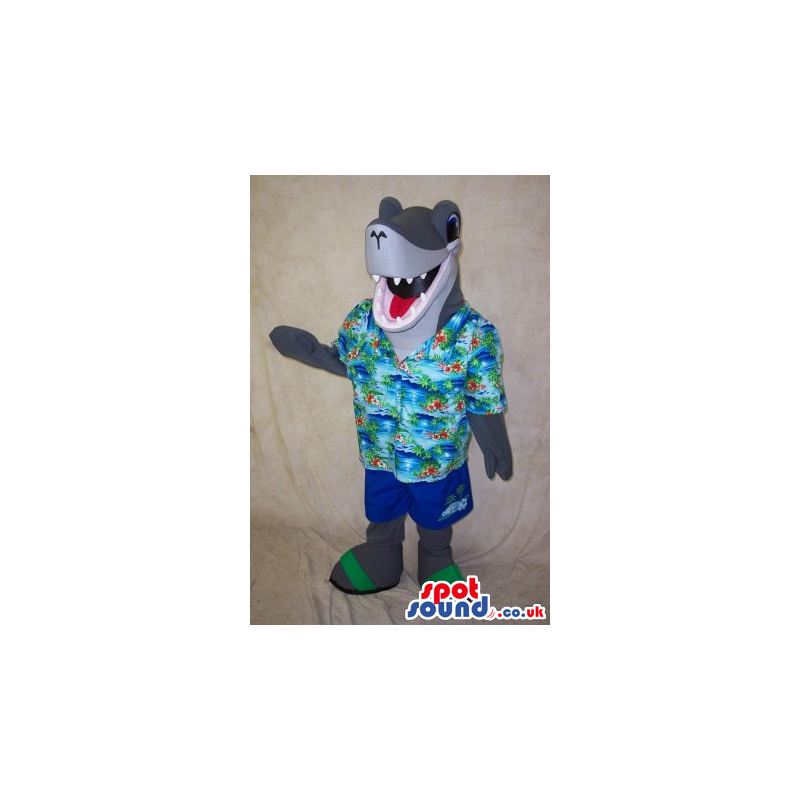 Funny Grey Shark Animal Mascot Wearing Summer Clothes - Custom