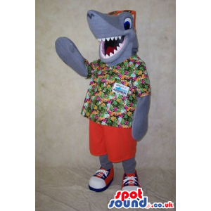 Funny Grey Shark Animal Mascot Wearing Summer Clothes - Custom
