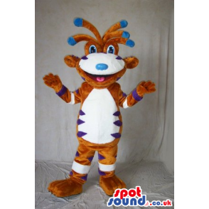Funny Creature Mascot In Brown, White And Blue With Funny Hair