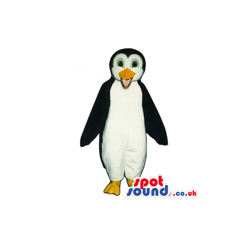 Plain Penguin Animal Mascot With Yellow Beak And Green Eyes -