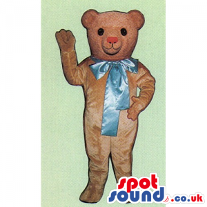 Light Brown Teddy Bear Mascot With Big Blue Ribbon - Custom