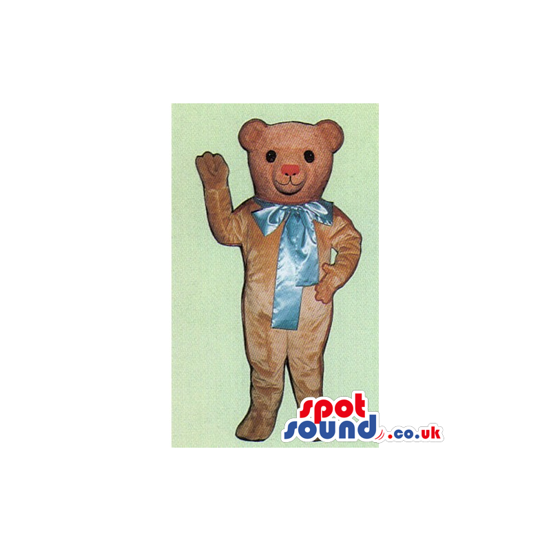 Light Brown Teddy Bear Mascot With Big Blue Ribbon - Custom