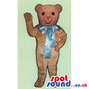 Light Brown Teddy Bear Mascot With Big Blue Ribbon - Custom