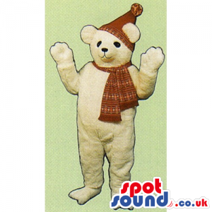 Beige Teddy Bear Mascot Wearing A Winter Hat And Scarf