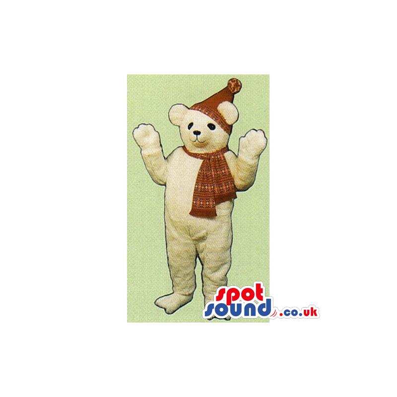 Beige Teddy Bear Mascot Wearing A Winter Hat And Scarf - Custom