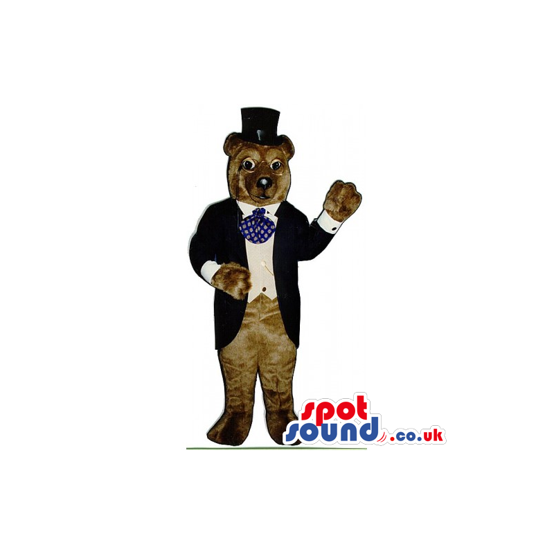 Brown Bear Animal Mascot Wearing An Elegant Suit And Top Hat -