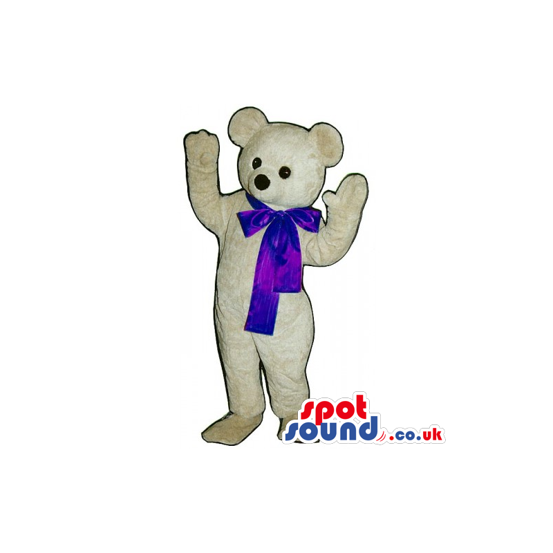 Customizable White Teddy Bear Mascot With Blue Ribbon - Custom