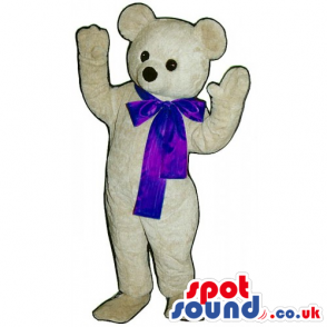 Customizable White Teddy Bear Mascot With Blue Ribbon - Custom