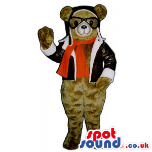 Brown Bear Mascot Wearing Plane Pilot Clothes And Gadgets -