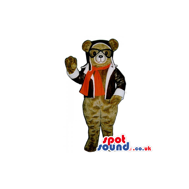 Brown Bear Mascot Wearing Plane Pilot Clothes And Gadgets -