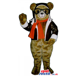 Brown Bear Mascot Wearing Plane Pilot Clothes And Gadgets -