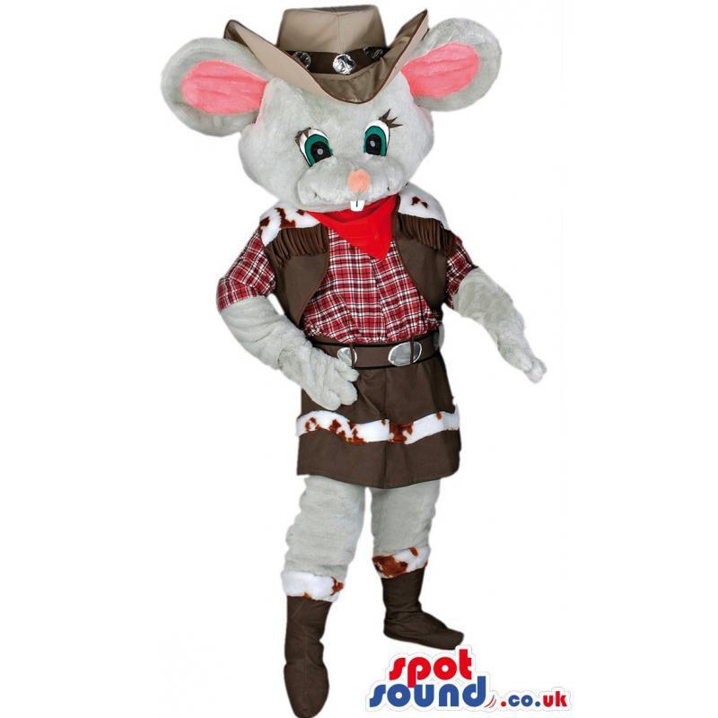 Cowboy rat mascot with typical cow boy costume and in brown hat
