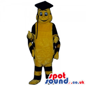 Yellow And Black Caterpillar Bug Mascot Wearing Teacher Gadgets