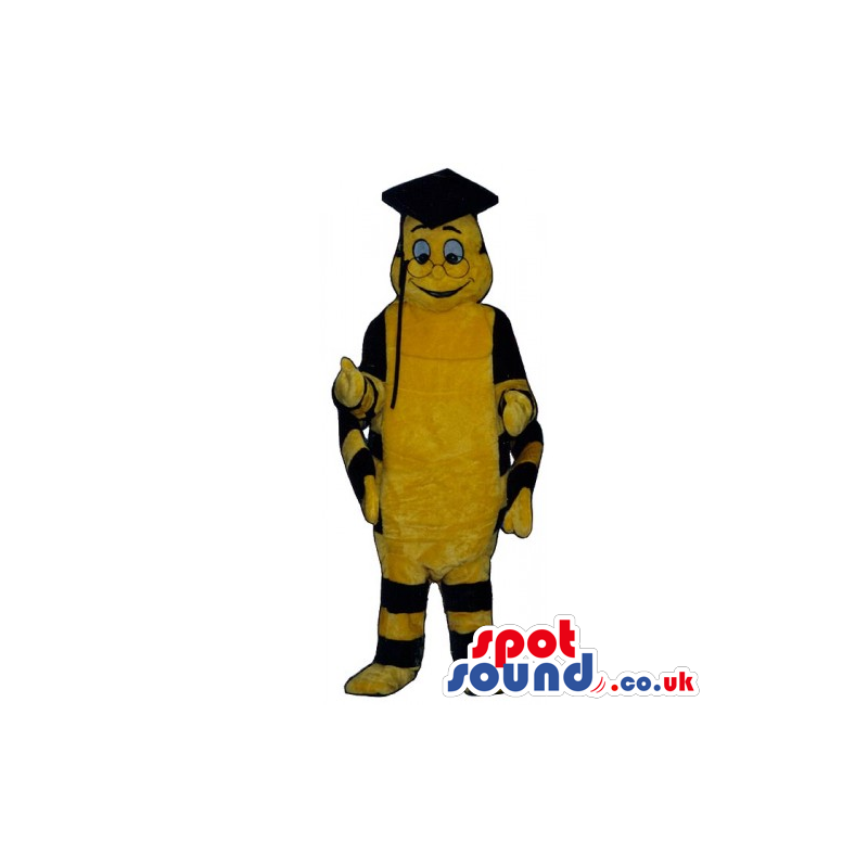 Yellow And Black Caterpillar Bug Mascot Wearing Teacher Gadgets