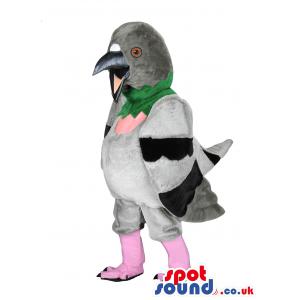 Bird mascot with green neckwear, pink shoes, gray and black clothes