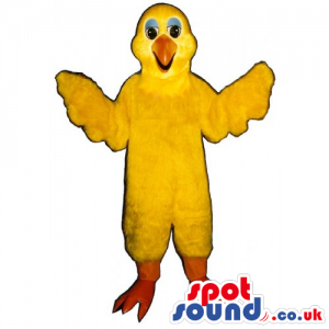 Yellow Bird Mascot With Orange Legs And Beak With Blue Eyelids