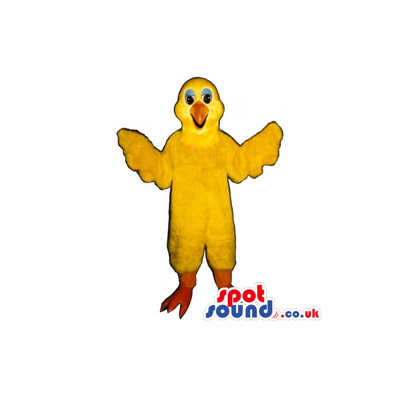 Yellow Bird Mascot With Orange Legs And Beak With Blue Eyelids
