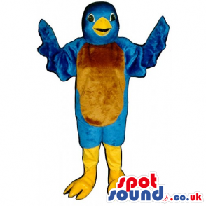 Blue Bird Mascot With Brown Belly And Yellow Legs And Beak -