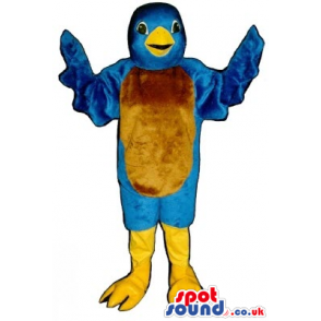 Blue Bird Mascot With Brown Belly And Yellow Legs And Beak -