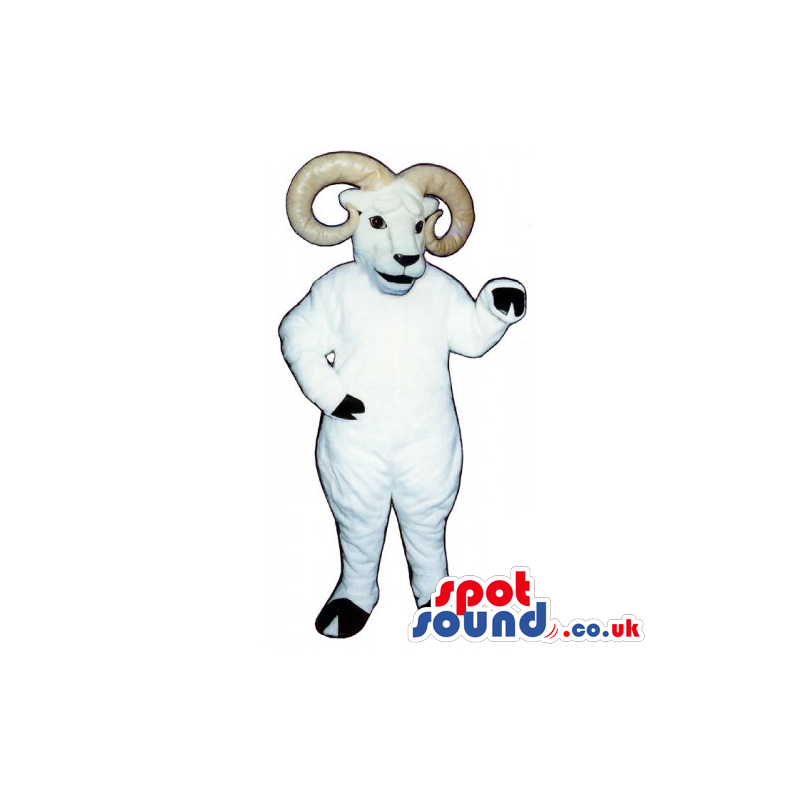 White Customizable Goat Animal Mascot With Curved Beige Horns -