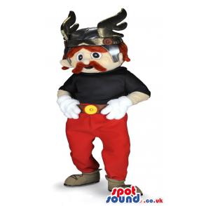 Man mascot with horn cap on his head and in red and black
