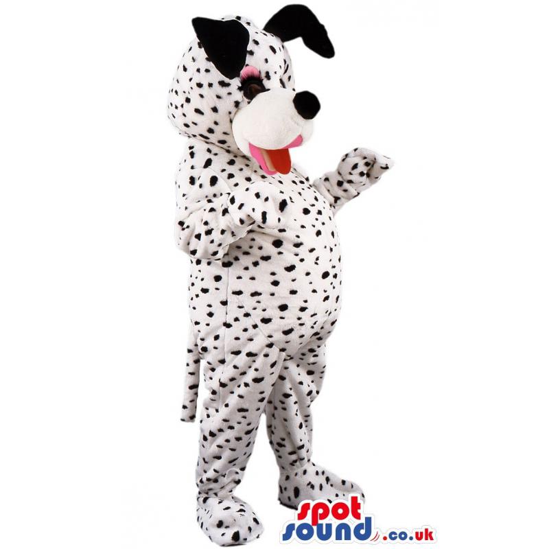 Snoopy dog mascot with black & white dots with tongue out -