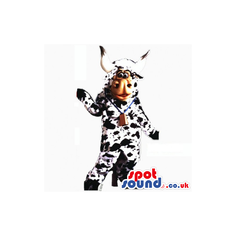 Customizable White And Black Cow With Big Horns And A Bell -