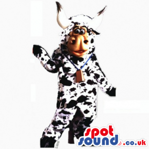 Customizable White And Black Cow With Big Horns And A Bell -