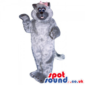 Customizable Plain Grey Cat Mascot Wearing A Pink Ribbon -