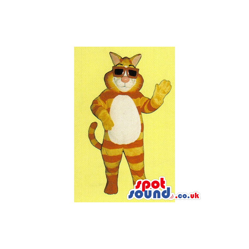 Cat Mascot With Orange And Yellow Stripes Wearing Sunglasses -