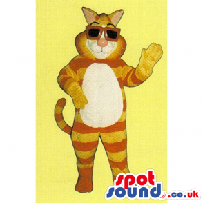 Cat Mascot With Orange And Yellow Stripes Wearing Sunglasses -