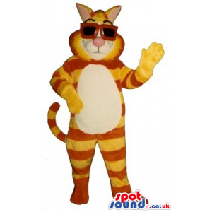 Cat Mascot With Orange And Yellow Stripes Wearing Sunglasses -