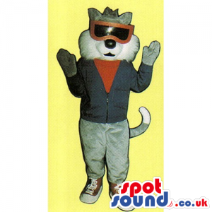 Customizable Grey Cat Mascot Wearing Garments And Sunglasses -