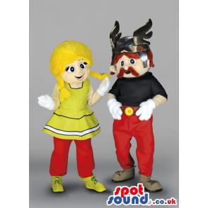 Man mascot with horn cap and woman mascot with yellow hair -