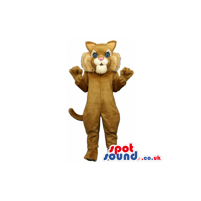 Customizable Brown Cat Mascot With Pink Nose And Blue Eyes -