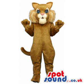 Customizable Brown Cat Mascot With Pink Nose And Blue Eyes -