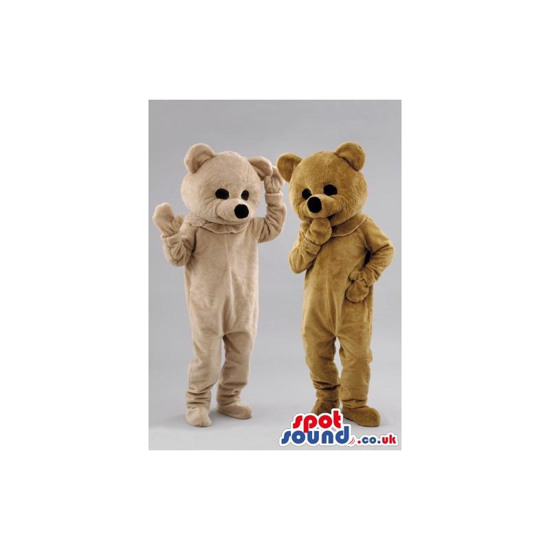 Two friendly brown teddy mascots having a friendly time