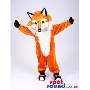 Orange and white fox mascot with black gloves and shoes