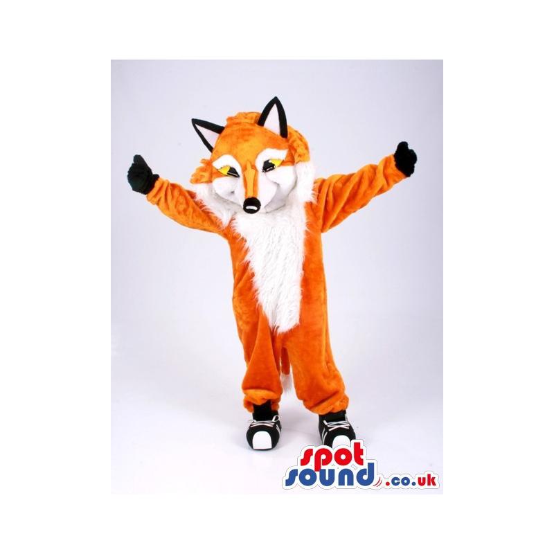 Orange and white fox mascot with black gloves and shoes -